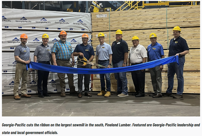 Photo: Georgia-Pacific cuts the ribbon on the largest sawmill in the south, Pineland Lumber. Featured are Georgia-Pacific leadership and state and local government officials.