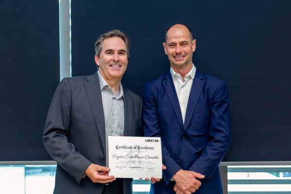 Photo: Graham Kissack, Vice President, EH&S and Corporate Communications (left) accepting Paper Excellence Canada's award from Toby Heaps, CEO, Corporate Knights.